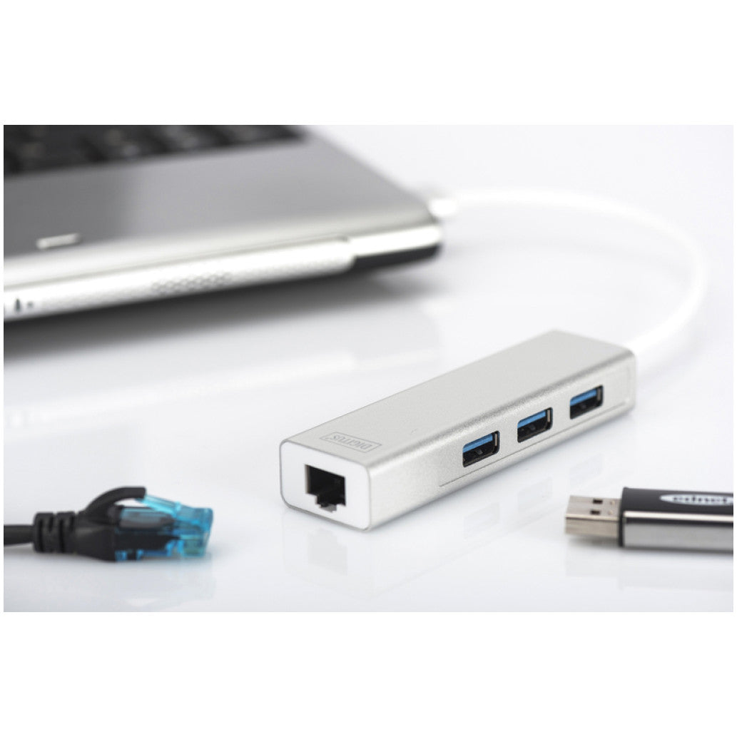 HUB USB 3.0 3portni Digitus z 100/1000 Ethernet mrežnim priključkom