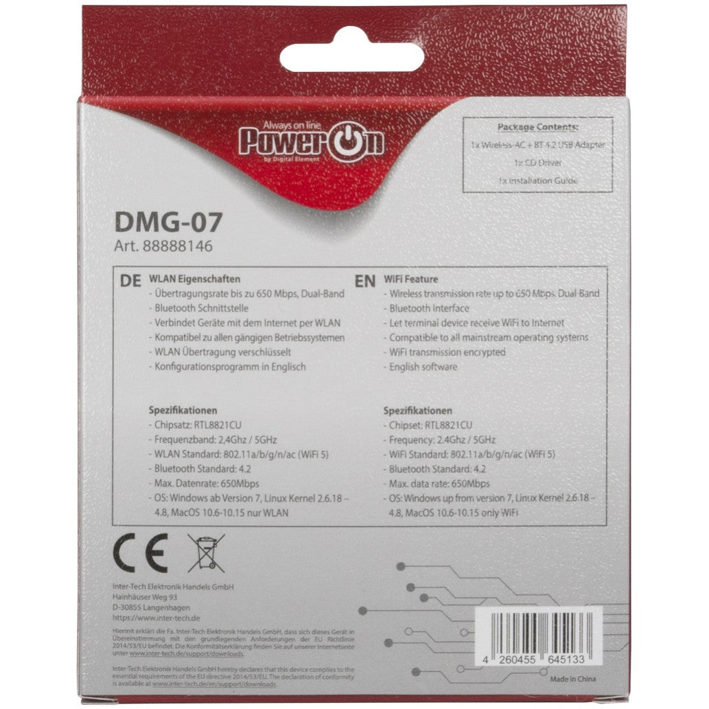 Brezžični mrežni adapter USB 2.0 Inter-Tech DMG-07 WiFi5 802.11ac AC650 650Mbit/s Dualband Nano BT 4.0 (88888146)
