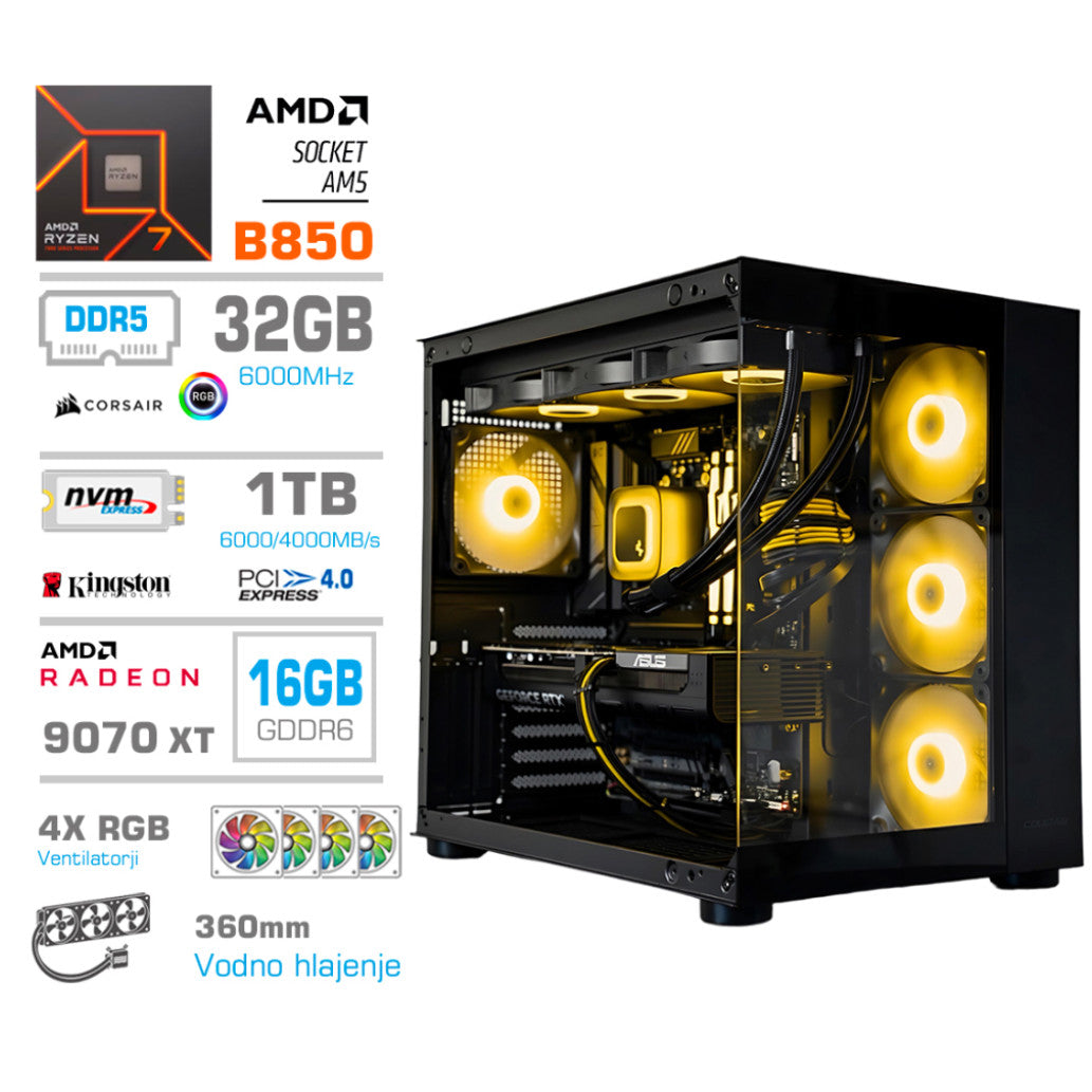 Računalnik MEGA MT S5 R7-7700X/RX9070 XT/32GB-DDR5/1TB-4.0/750W/Brez OS/črna RGB + Estetski napajalni kabli [Rumena / Črna)
