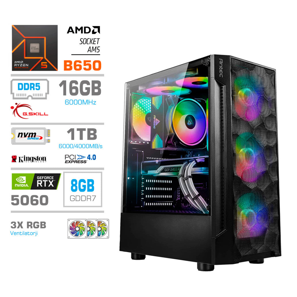 Računalnik MEGA MT S7 R5-7600/RTX5060/16GB-DDR5/1TB-4.0/750W/Brez OS RGB