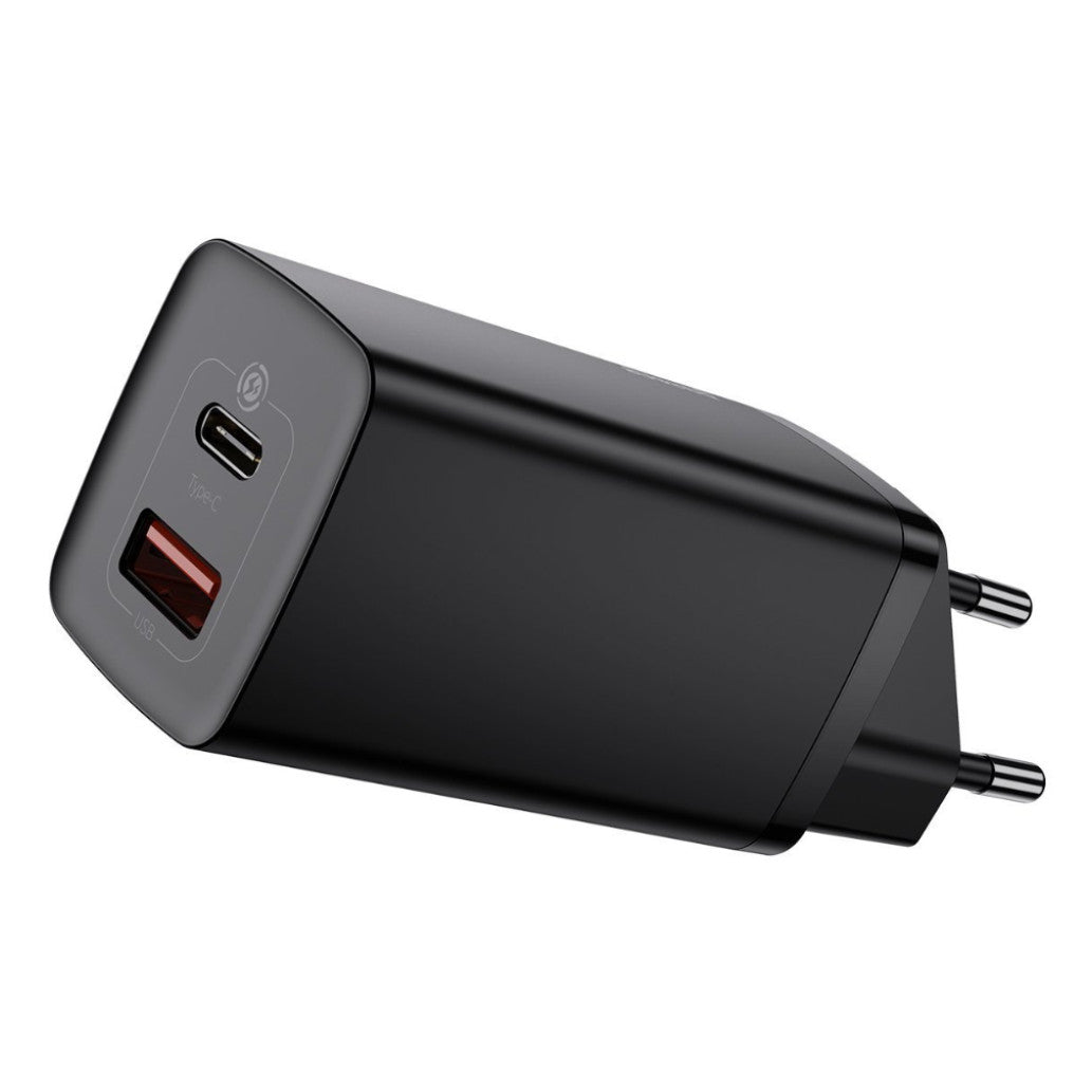 Hišni polnilec 100-240V => 1x USB-C in 1x USB-A 65W za mobilni telefon ali tablični računalnik Baseus GaN2 Lite PD3 + QC4 + SCP - črn (CCGAN2L-B01)