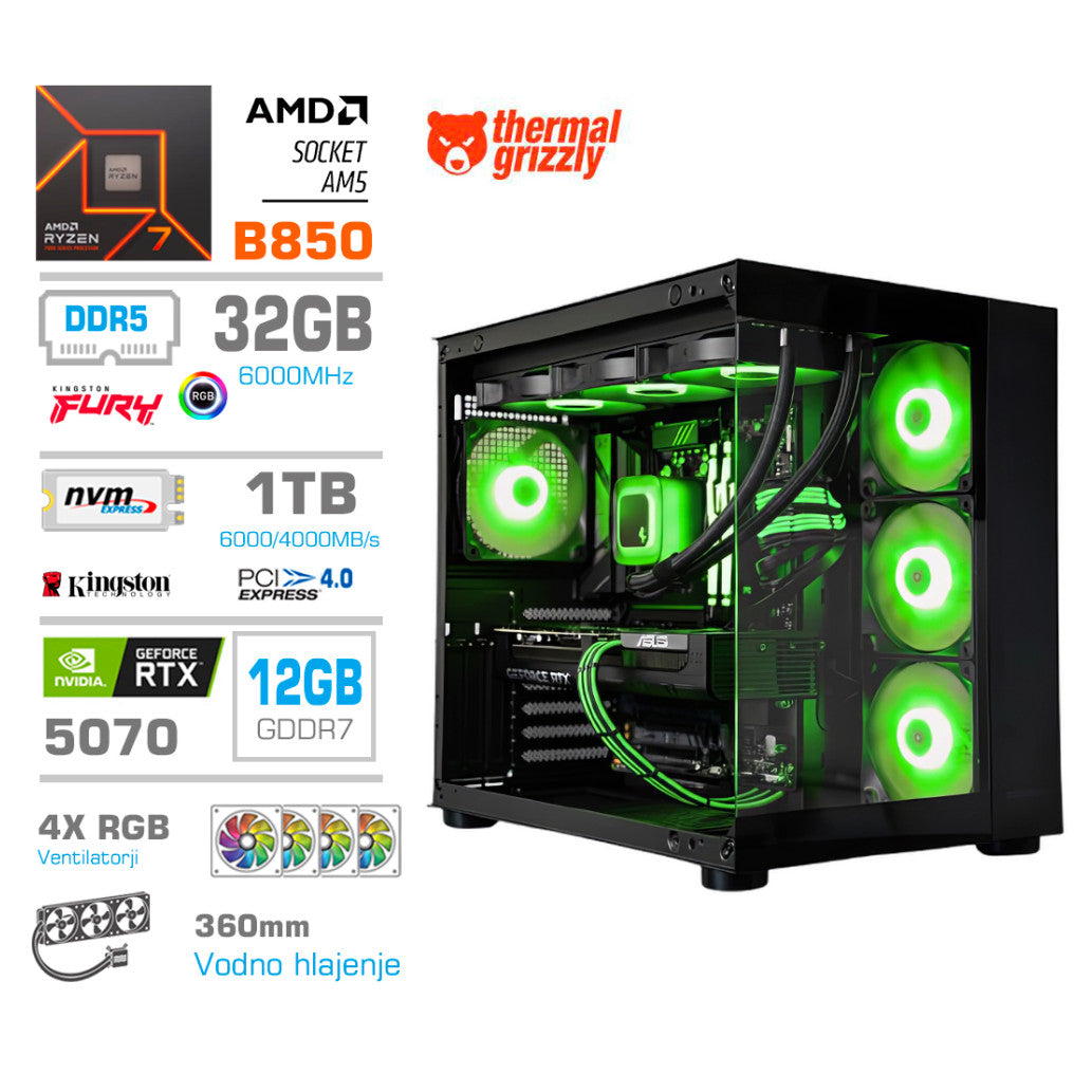 Računalnik MEGA MT S5 R7-7700/RTX5070/32GB-DDR5/1TB-4.0/750W/Brez OS/črna RGB + Estetski napajalni kabli [Zelena / Črna)