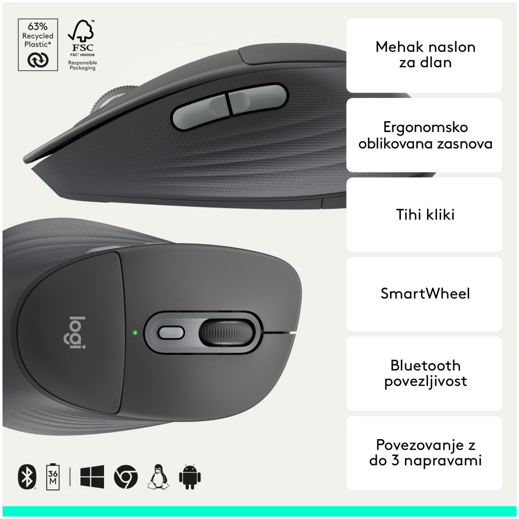 Miš Bluetooth Logitech Signature Comfort Plus M850 L velikost grafitna (910-007715)