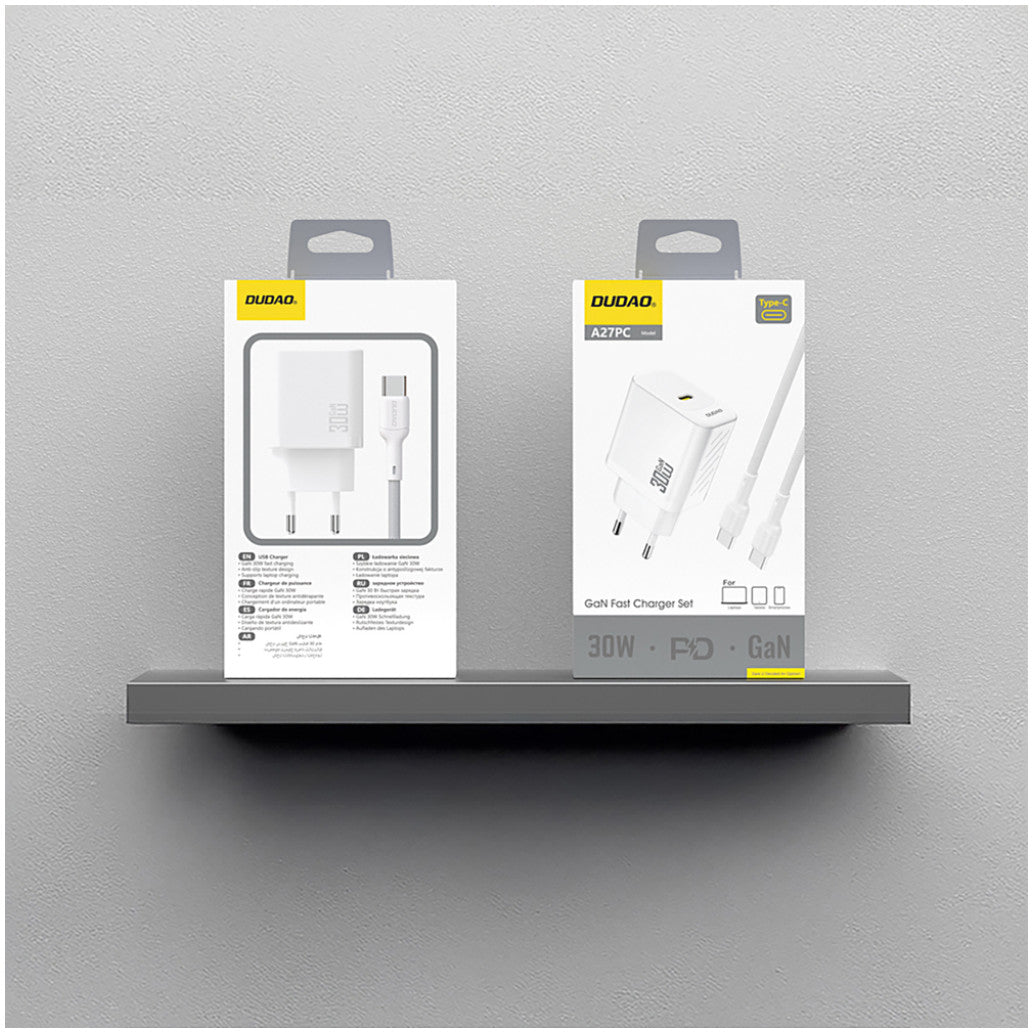 Hišni polnilec 100-240V => 1x USB-C 30W GaN PD s priloženim kablom USB-C bel Dudao (A27PCEU-White)