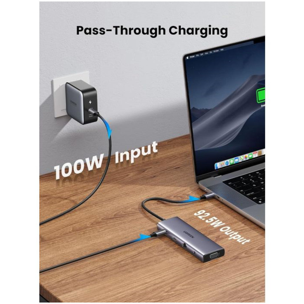 Priklopna postaja USB-C => Ugreen 3x USB 3.0 tip A 1x HDMI 4K@30Hz 1x VGA 1x RJ45 1x 3,5 1x USB-C PD 100W čitalec kartic (15601)