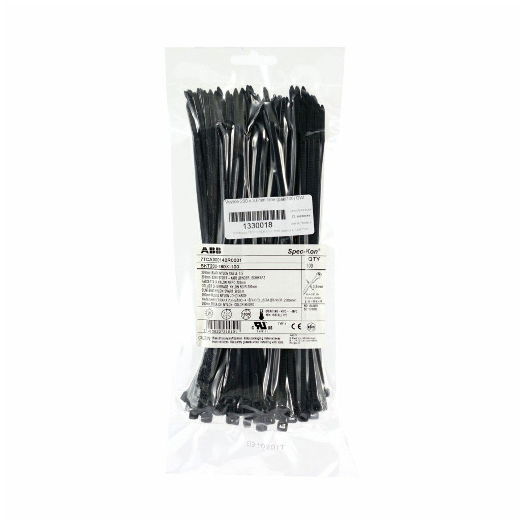 UREJEVALNIK kablov - vezice GW 200 x 3,6mm črne (100 kosov/paket)
