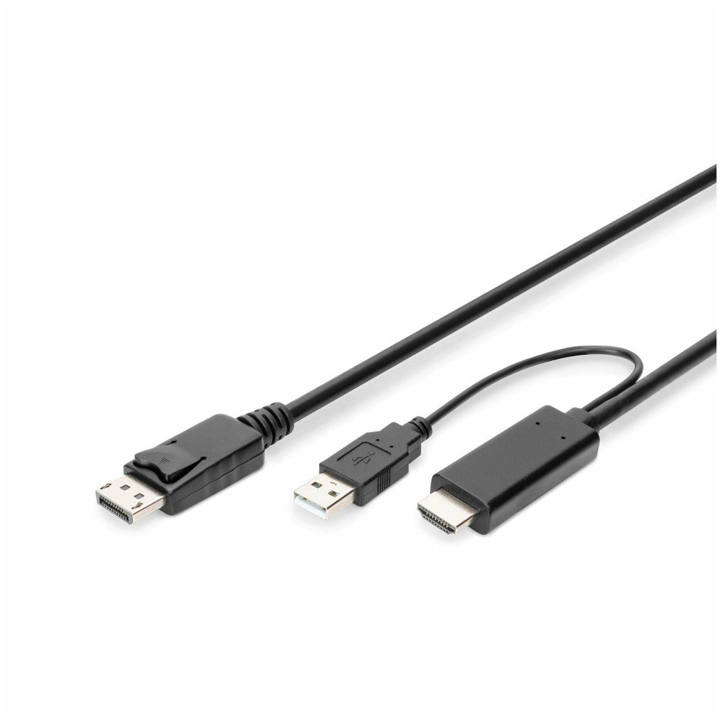 Kabel HDMI(m)=>DisplayPort(m) 2,00m 4K/30Hz vgrajen aktivni pretvornik z USB napajanjem črn Digitus (AK-330111-020-S)
