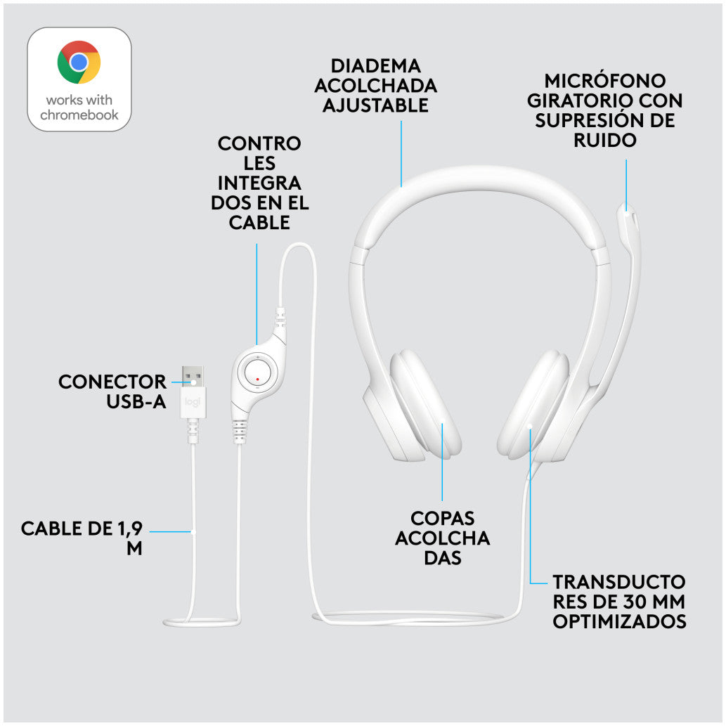 Slušalke žične Logitech naglavne z mikrofonom USB H390 bele (981-001286)