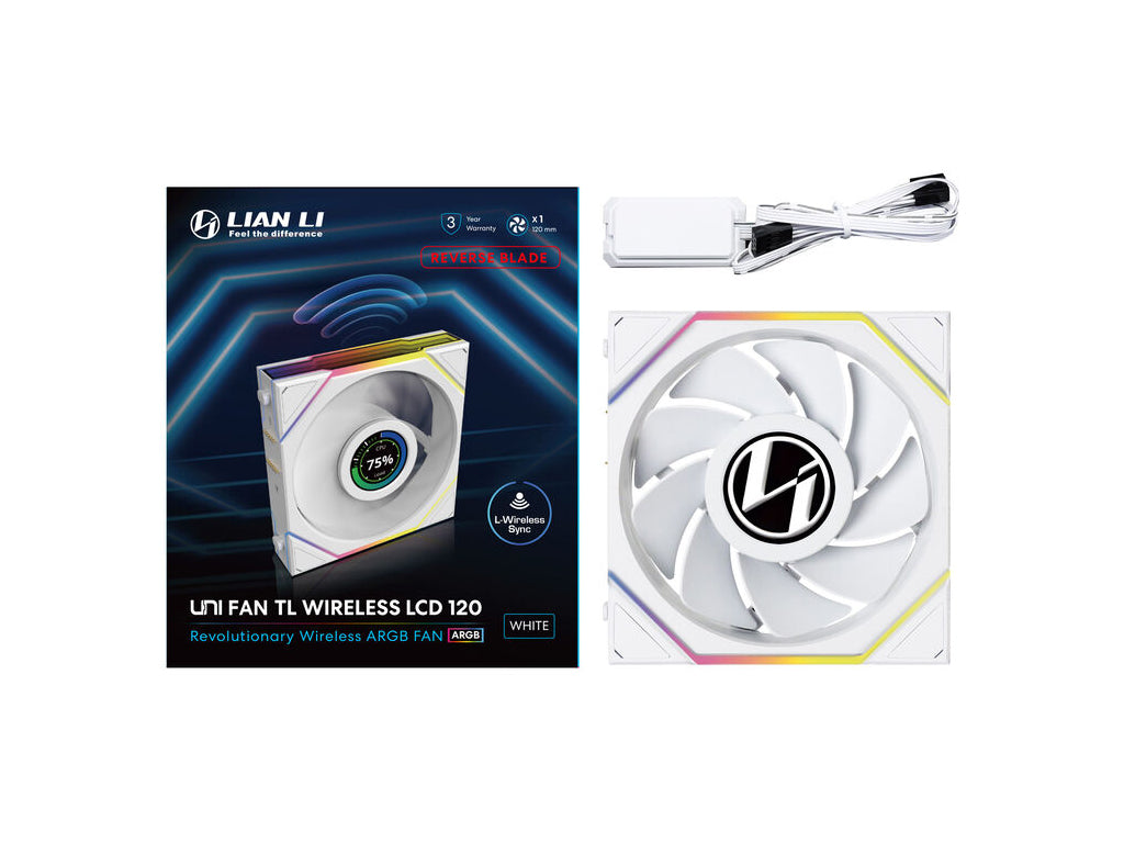 Ventilator za ohišje Lian Li UNI FAN TL Wireless LCD 120 Reverse Blade ARGB PWM 120mm, bel