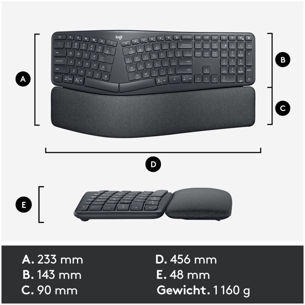 Tipkovnica brezžična + Bluetooth Logitech K860 Ergo International US | SLO gravura grafitna (920-010108)