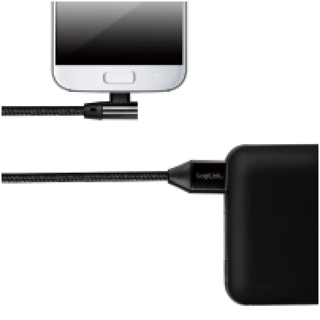 Kabel USB A => B micro tekstil ovoj 0,30m 90° (za mobitele) LogiLink črn (CU0141) EOLS-P