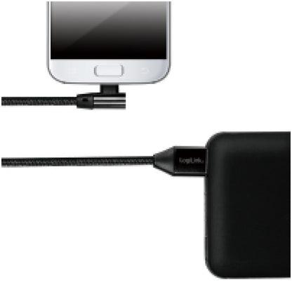 Kabel USB A => B micro tekstil ovoj 0,30m 90° (za mobitele) LogiLink črn (CU0141) EOLS-P