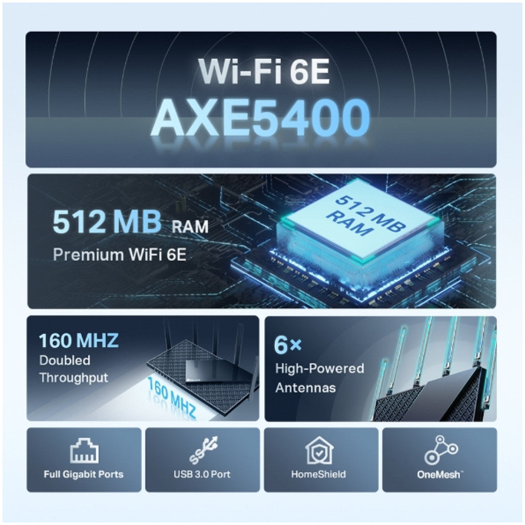 Usmerjevalnik brezžični TP-Link Archer WiFi6E 802.11ax AX5400 2402Mbit/s triband MESH OFDMA 4xLAN 6x antena (ARCHER AXE75)