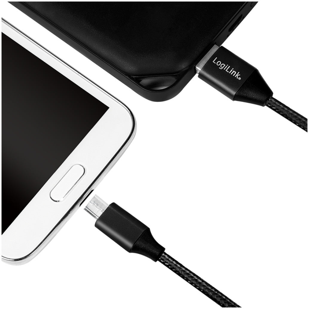 Kabel USB A => B micro tekstil ovoj 0,30m (za mobitele) LogiLink črn (CU0143) EOLS-P
