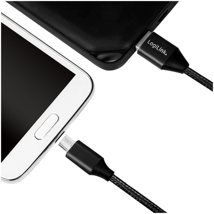 Kabel USB A => B micro tekstil ovoj 0,30m (za mobitele) LogiLink črn (CU0143) EOLS-P
