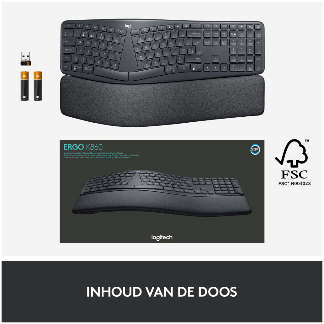 Tipkovnica brezžična + Bluetooth Logitech K860 Ergo International US | SLO gravura grafitna (920-010108)