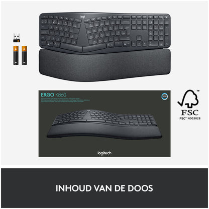 Tipkovnica brezžična + Bluetooth Logitech K860 Ergo International US | SLO gravura grafitna (920-010108)