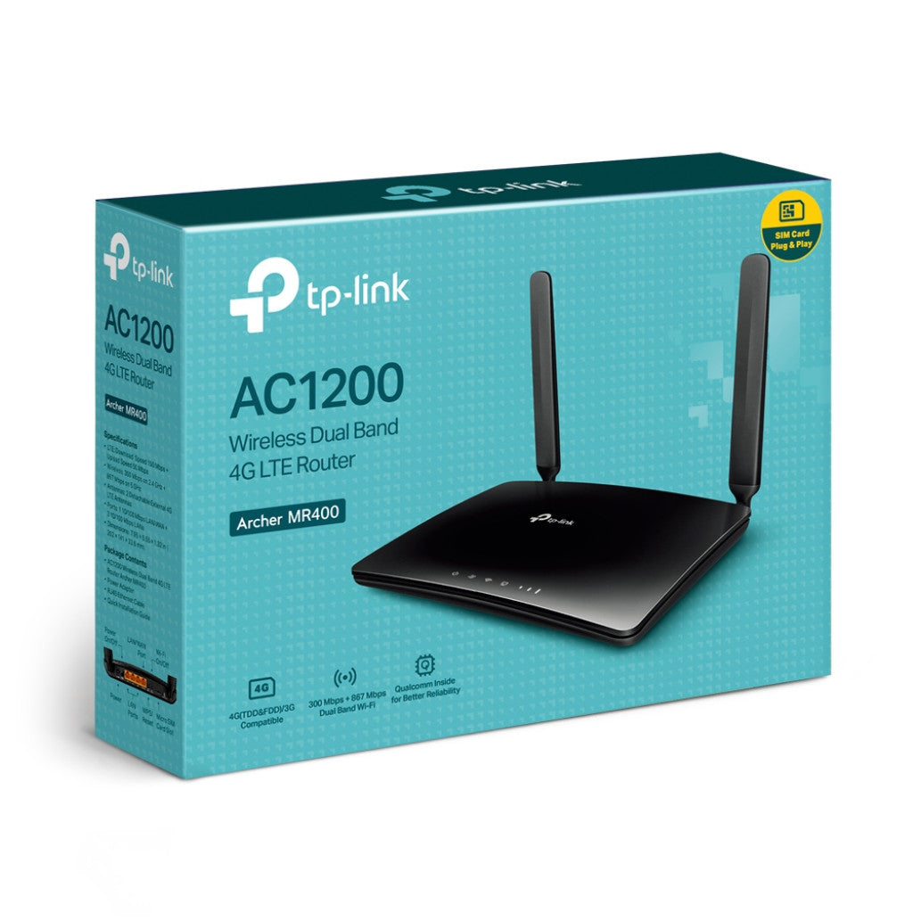 Usmerjevalnik brezžični TP-Link WiFi5 802.11ac AC1200 867Mbit/s 3G/4G dualband MU-MIMO 4xLAN 2x antena (Archer MR400)