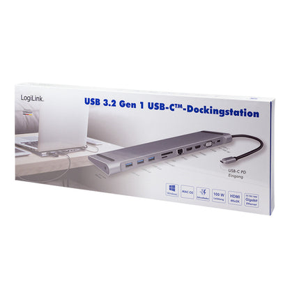 Priklopna postaja USB-C => 3x USB 3.0 tip A USB-C PD 100W 2x HDMI VGA RJ45 11 izhodov srebrn LogiLink (UA0373)