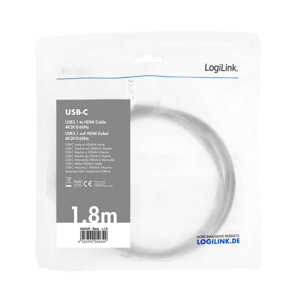 Kabel USB-C 3.2 Gen1 => HDMI 2.0 1,8m UHD 4K@60HZ črn Logilink (UA0329) Kabel USB-C