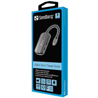 Priklopna postaja USB-C => Sandberg Travel Dock HDMI 2xUSB3.0 USB-C 100W 1xRJ45 Čitalec kartic 2x3,5mm (136-33)