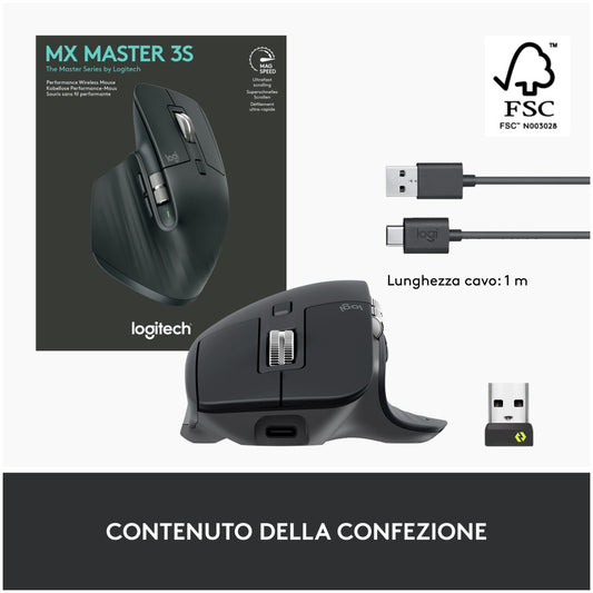 Miš brezžična + Bluetooth Logitech MX Master 3S Performance 8000DPI Unifying Bolt grafitna (910-006559)
