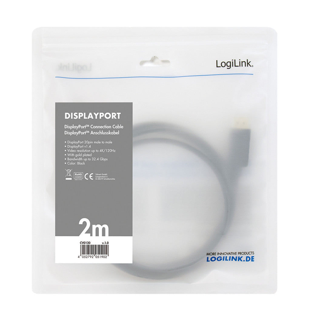 Kabel DisplayPort(m)=>DisplayPort(m) v1.4 2,00m 8K/60Hz dvojno oklopljen pozlačeni konektorji črn LogiLink (CV0120)