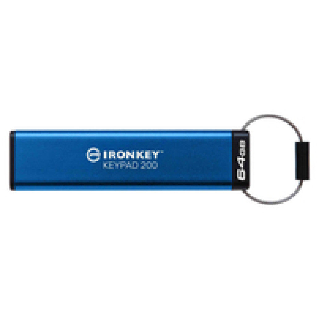 Spominski ključek 64GB USB 3.2 Kingston IronKey Keypad 200 145MB/s 115MB/s kovinski-plastičen s pokrovčkom PIN tipkovnica moder (IKKP200/64GB)