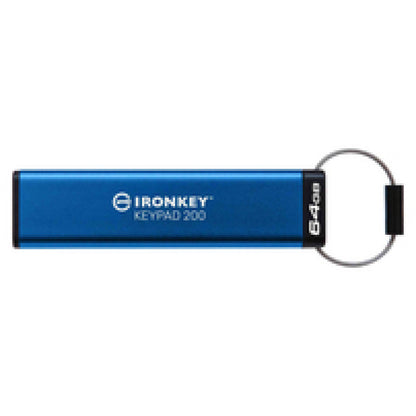 Spominski ključek 64GB USB 3.2 Kingston IronKey Keypad 200 145MB/s 115MB/s kovinski-plastičen s pokrovčkom PIN tipkovnica moder (IKKP200/64GB)