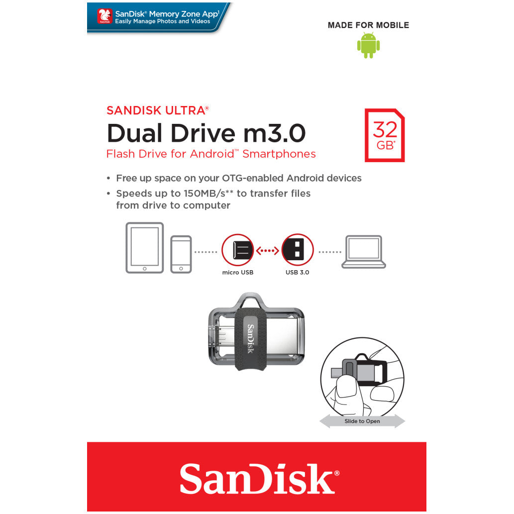 Spominski ključek 32GB USB-micro/A Sandisk Ultra Dual 150MB/s plastičen drsni micro črn OnTheGo združljiv (SDDD3-032G-G46)