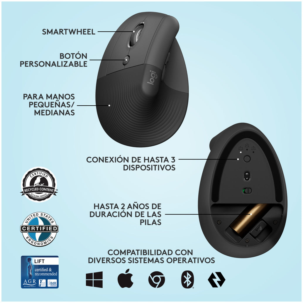 Miš brezžična + Bluetooth Logitech Lift Vertical za levičarje 4000DPI ergonomična grafitna (910-006474)