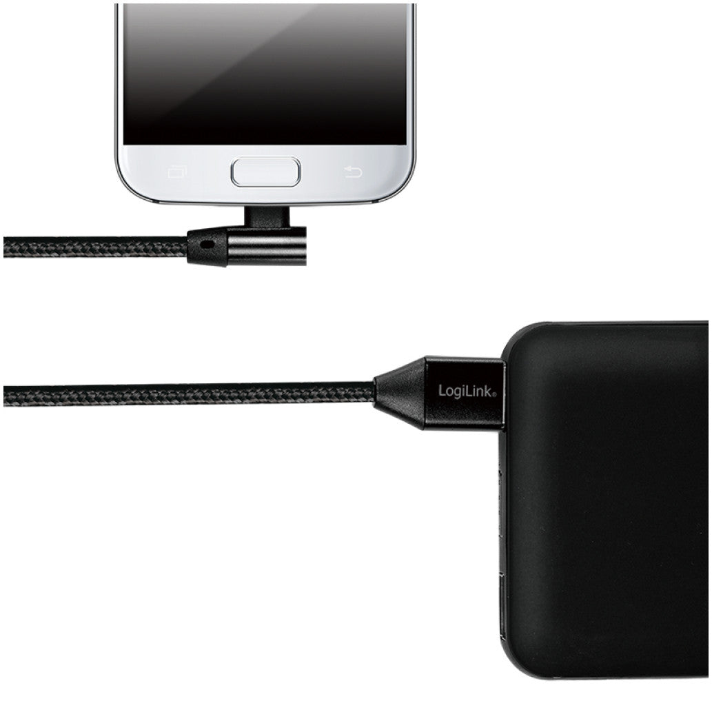 Kabel USB A => B micro tekstil ovoj 1,00m 90° (za mobitele) LogiLink črn (CU0142) EOLS-P