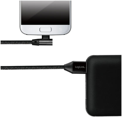 Kabel USB A => B micro tekstil ovoj 1,00m 90° (za mobitele) LogiLink črn (CU0142) EOLS-P