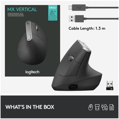 Miš brezžična + Bluetooth napredno ergonomska Logitech MX Vertical USB-C silent Unifying grafitna (910-005448)