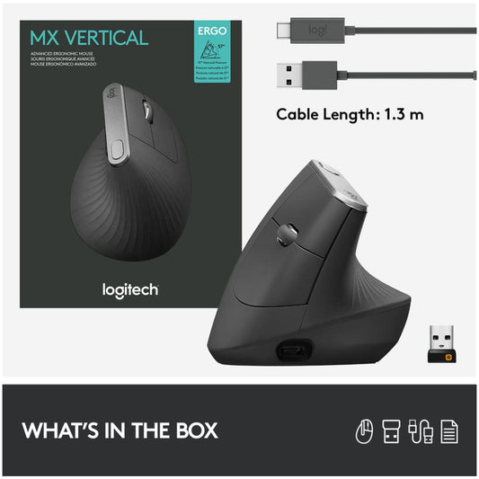 Miš brezžična + Bluetooth napredno ergonomska Logitech MX Vertical USB-C silent Unifying grafitna (910-005448)