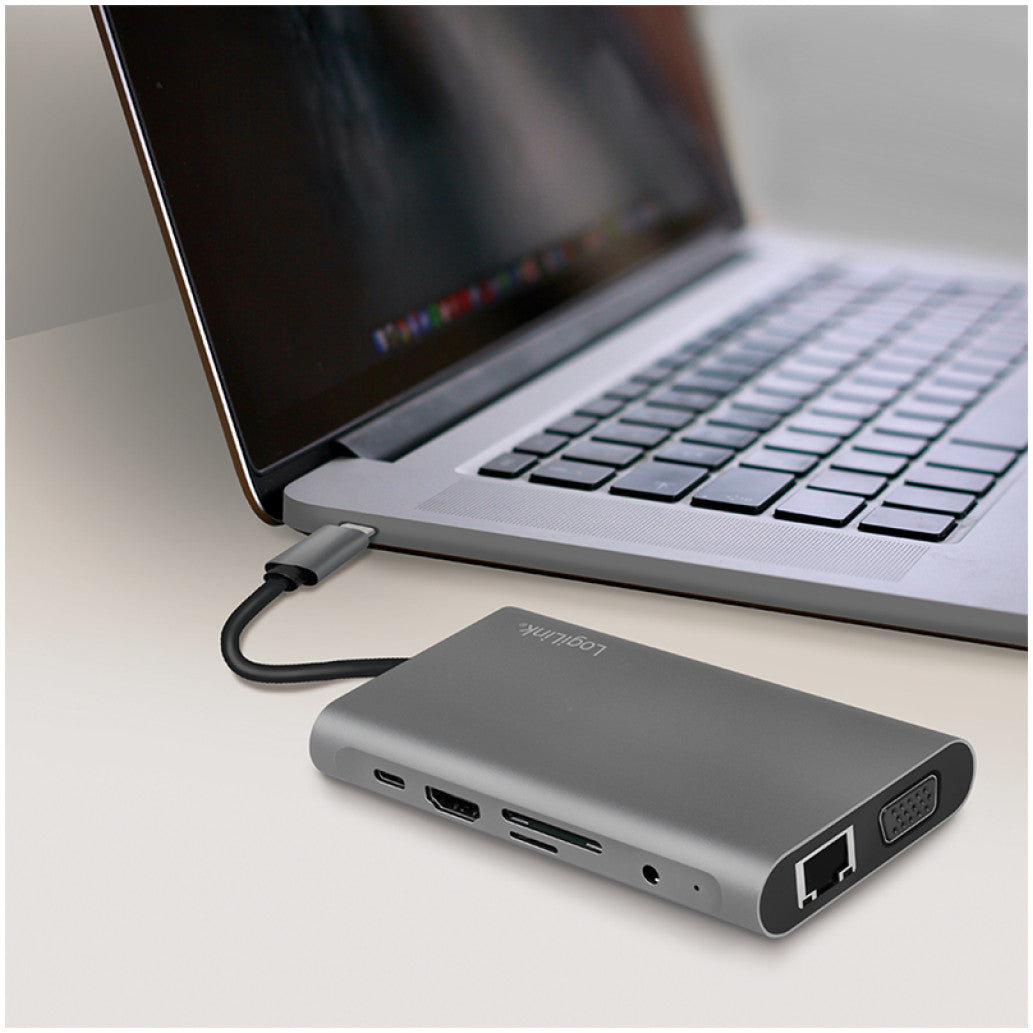 Priklopna postaja USB-C => 3x USB tip A 1xUSB-C PD 100W 1x HDMI 1x VGA1x RJ45 1x 3,5mm avdio 1x čitalec kartic SD/microSD LogiLink (UA0383) EOLS-P