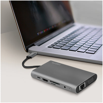 Priklopna postaja USB-C => 3x USB tip A 1xUSB-C PD 100W 1x HDMI 1x VGA1x RJ45 1x 3,5mm avdio 1x čitalec kartic SD/microSD LogiLink (UA0383) EOLS-P
