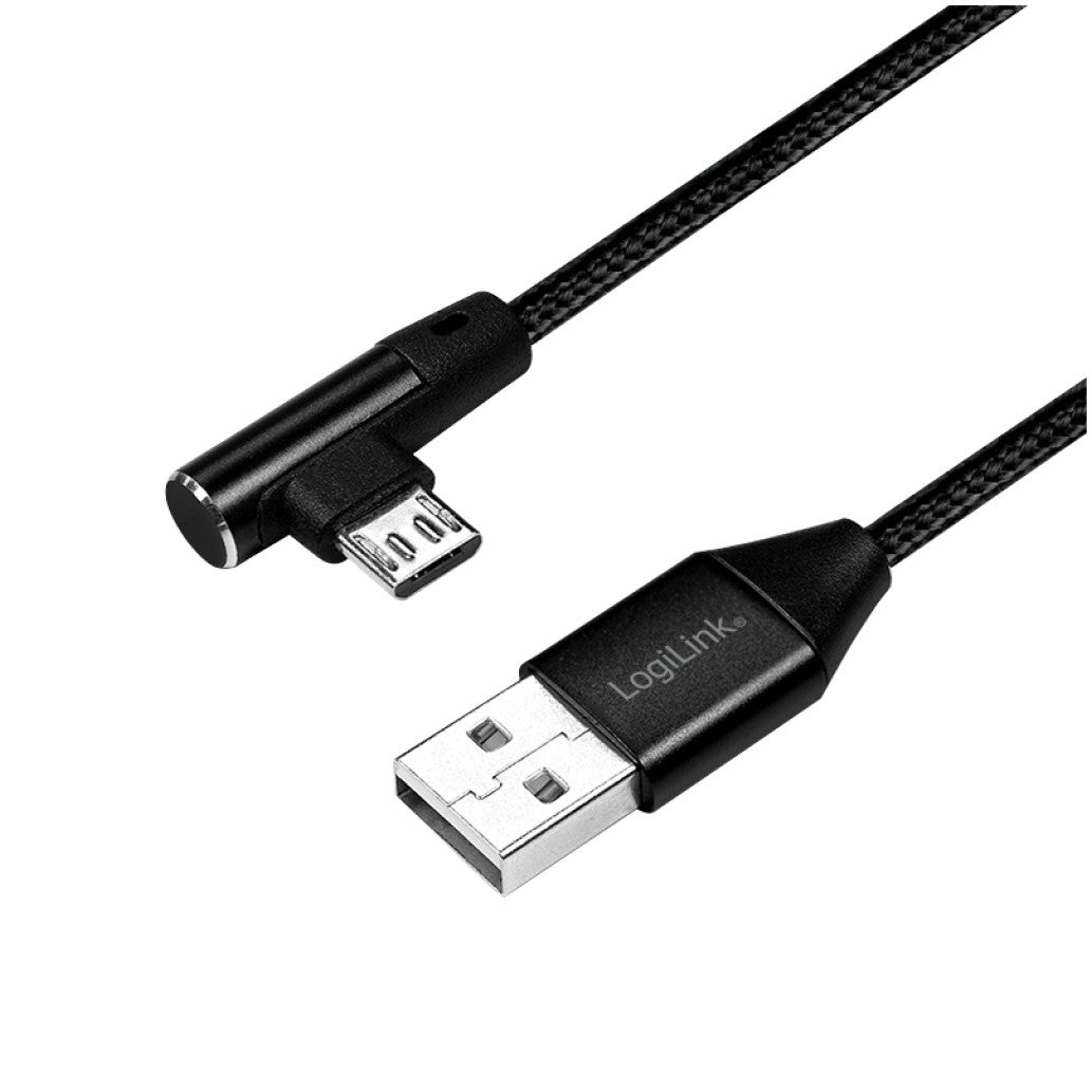 Kabel USB A => B micro tekstil ovoj 1,00m 90° (za mobitele) LogiLink črn (CU0142) EOLS-P