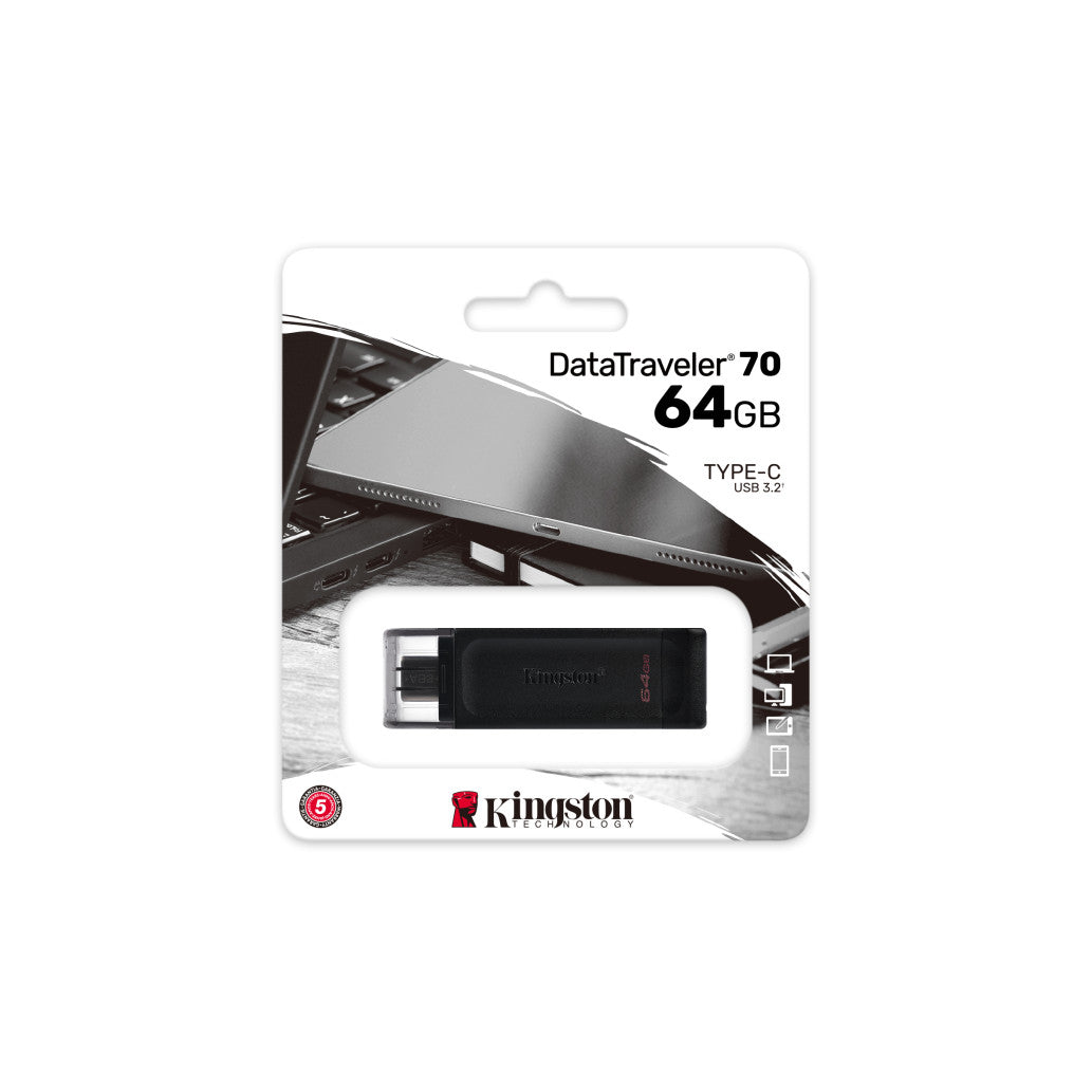 Spominski ključek 64GB USB-C Kingston DT70 - plastičen/s pokrovčkom/črn (DT70/64GB)