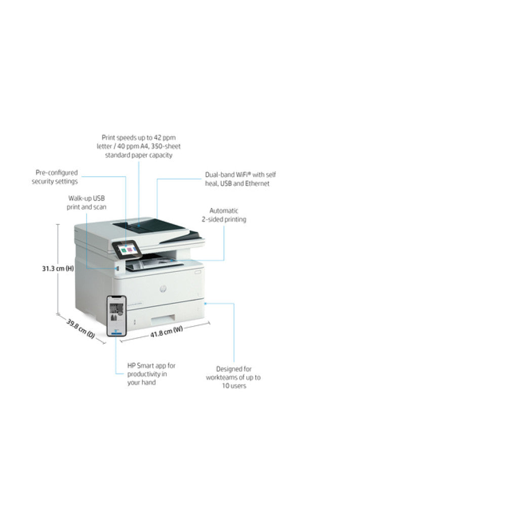 Tiskalnik multifunkcijski laserski ČB HP LaserJet Pro 4102fdw A4 duplex tisk duplex skeniranje faks USB LAN WiFi 40ppm (2Z624F#B19)