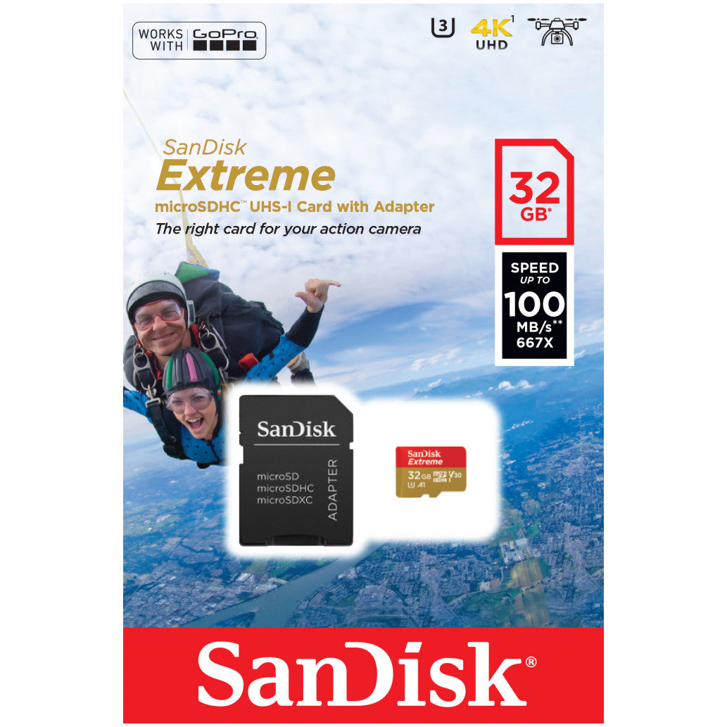 Spominska kartica microSDXC 32GB Sandisk Extreme 100MB/s/60MB/s U3 V30 UHS-I A1 +adapter (SDSQXAF-032G-GN6AA)