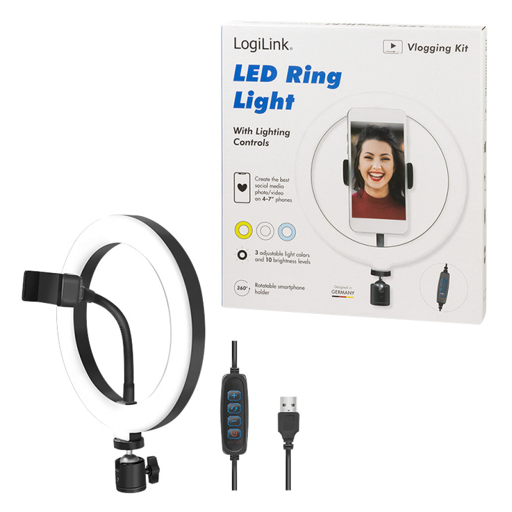 Selfie LED svetlobni obroč Logilink za pametni telefon- tripod ni vključen (AA0151)