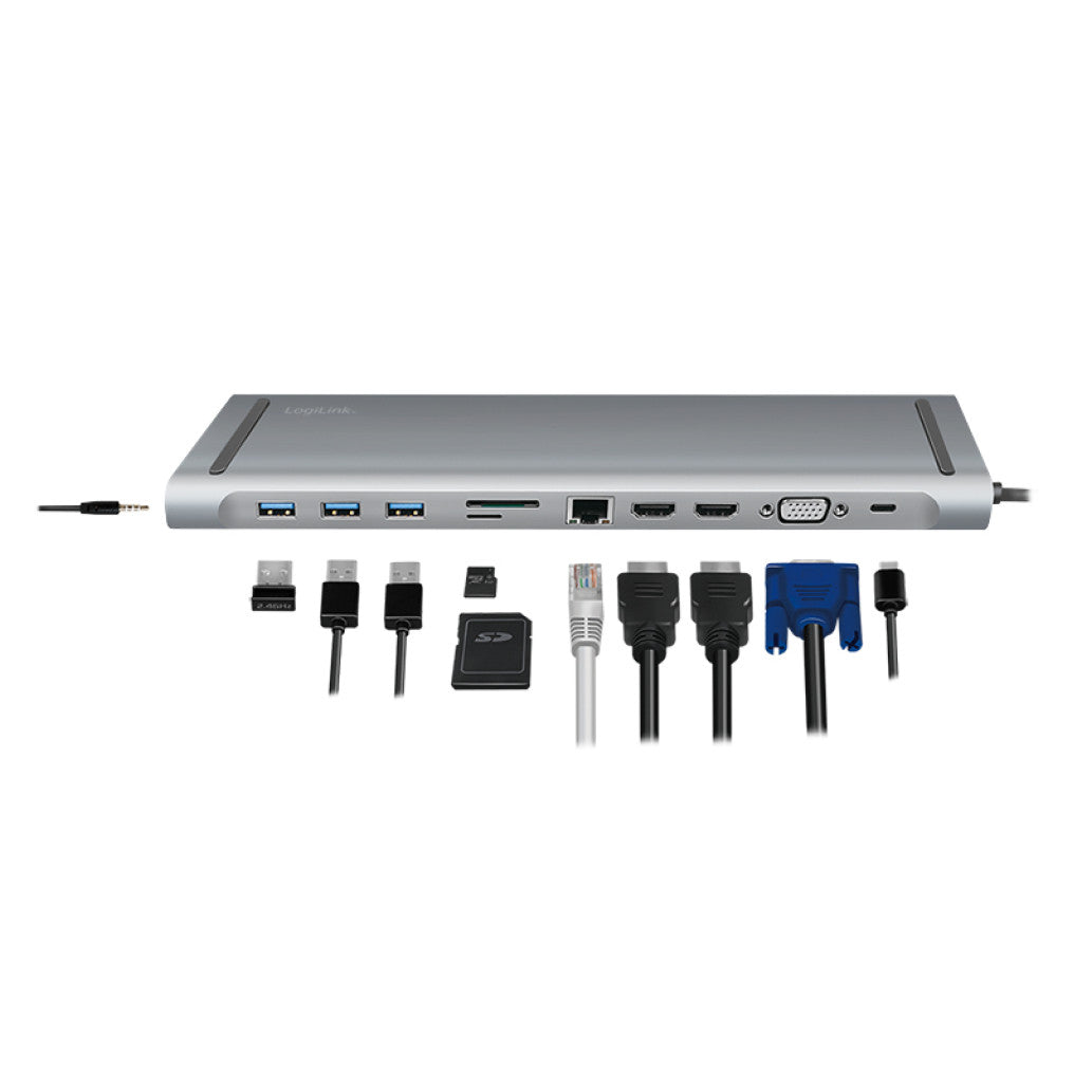Priklopna postaja USB-C => 3x USB 3.0 tip A USB-C PD 100W 2x HDMI VGA RJ45 11 izhodov srebrn LogiLink (UA0373)