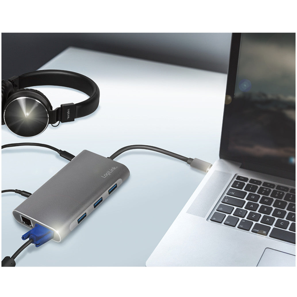 Priklopna postaja USB-C => 3x USB tip A 1xUSB-C PD 100W 1x HDMI 1x VGA1x RJ45 1x 3,5mm avdio 1x čitalec kartic SD/microSD LogiLink (UA0383) EOLS-P