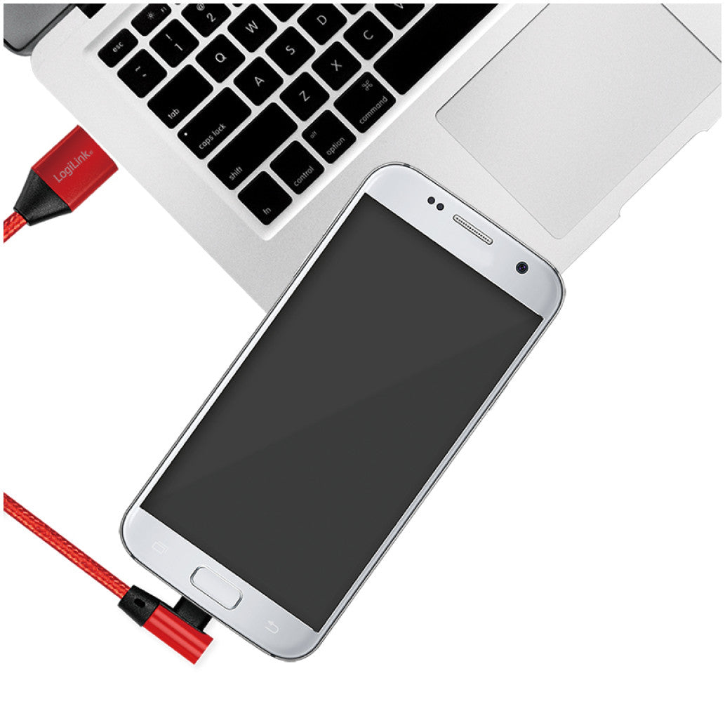 Kabel USB A => B micro tekstil ovoj 0,30m 90° (za mobitele) LogiLink rdeč (CU0149) EOLS-P