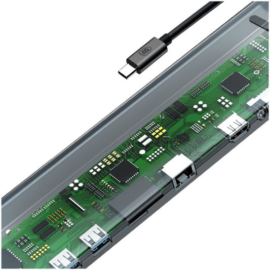 Priklopna postaja USB-C => 3x USB 3.0 tip A USB-C PD 60W 2x HDMI VGA microSD/SD/MMC RJ45 AUX Baseus Enjoyment Series srebrn (CATSX-G0G)