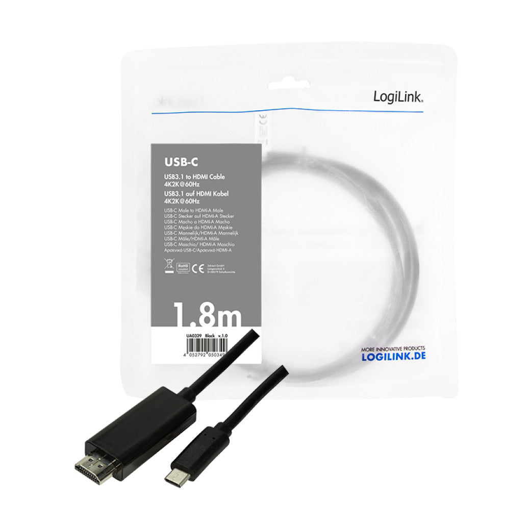 Kabel USB-C 3.2 Gen1 => HDMI 2.0 1,8m UHD 4K@60HZ črn Logilink (UA0329) Kabel USB-C