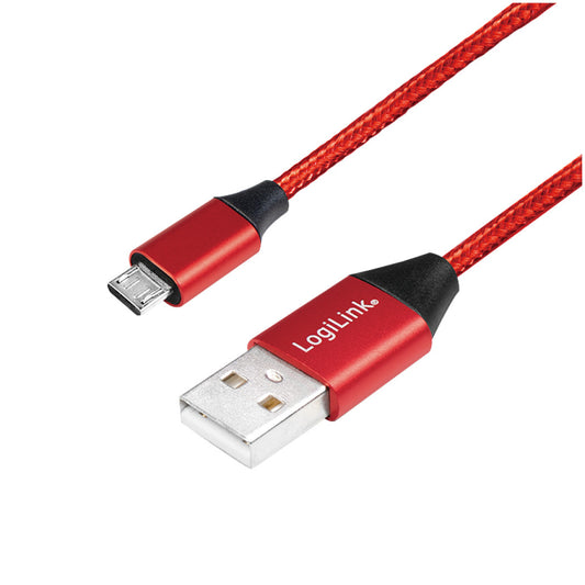 Kabel USB A => B micro tekstil ovoj 0,30m (za mobitele) LogiLink rdeč (CU0151) EOLS-P