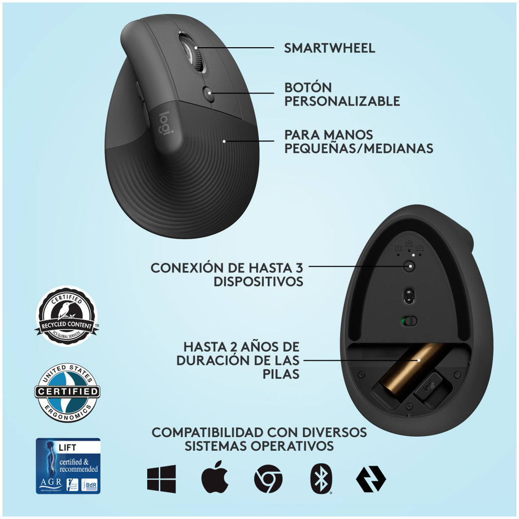 Miš brezžična + Bluetooth Logitech Lift Vertical za desničarje 4000DPI ergonomična grafitna (910-006473)