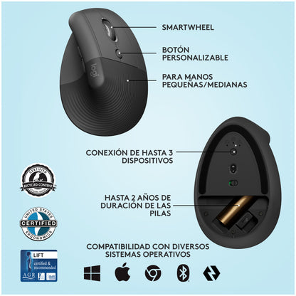 Miš brezžična + Bluetooth Logitech Lift Vertical za desničarje 4000DPI ergonomična grafitna (910-006473)